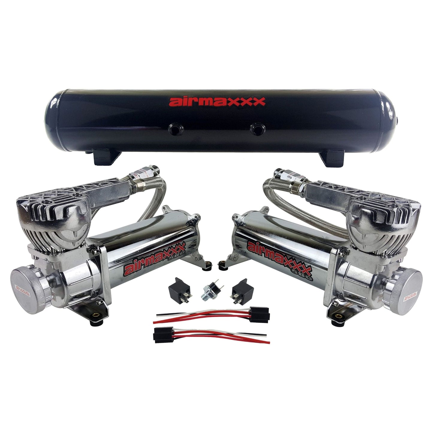 airmaxxx 580 chrome dual air compressor pack with 5 gallon 7 port steel air tank