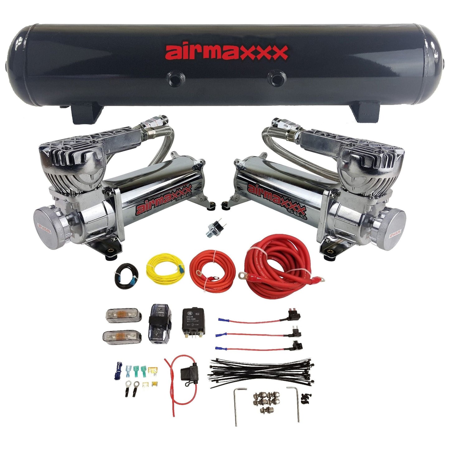 airmaxxx 580 chrome dual air compressor pack with 5 gallon 7 port steel air tank w/wire kit