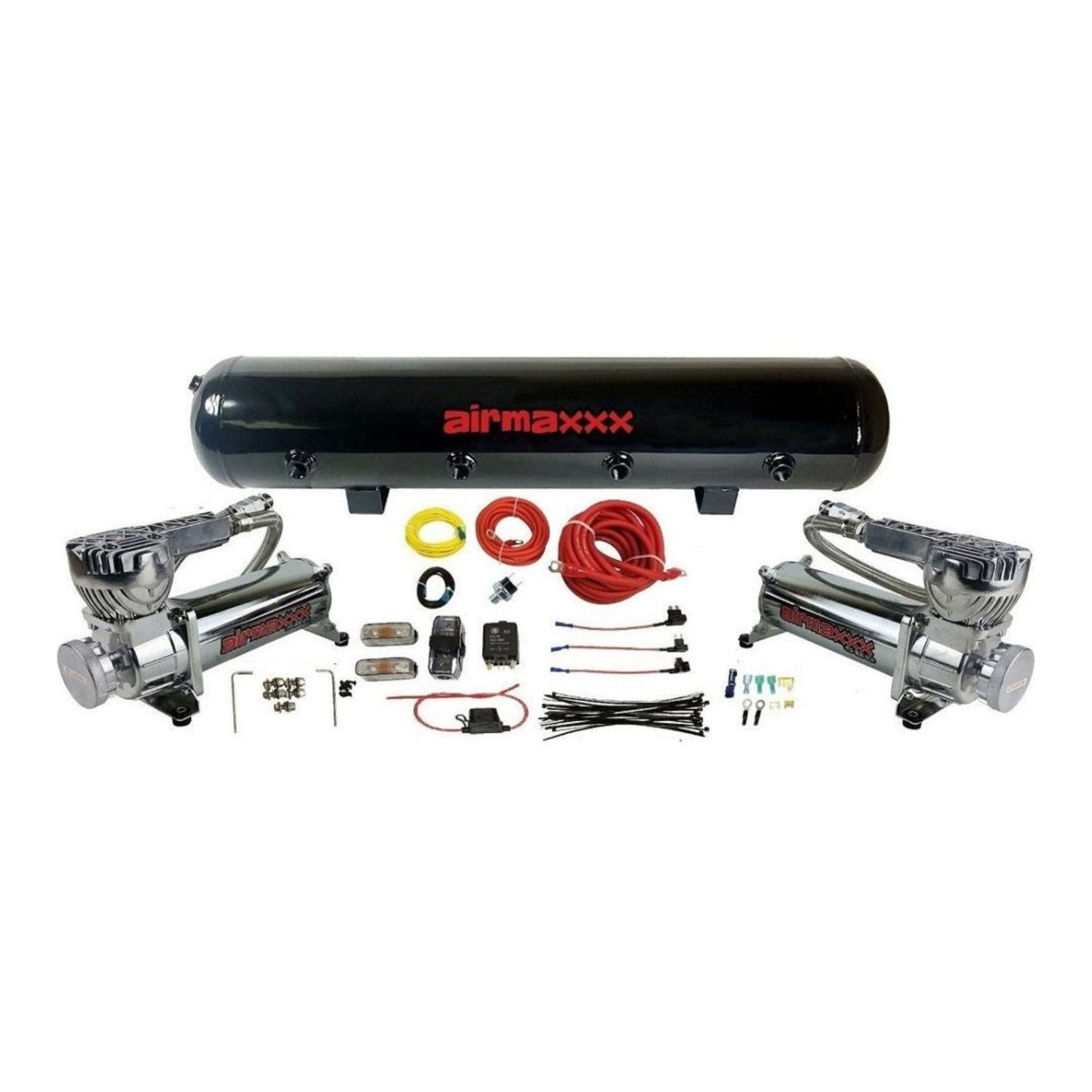 airmaxxx 580 chrome dual air compressor pack with 5 gallon steel air tank w/wire kit
