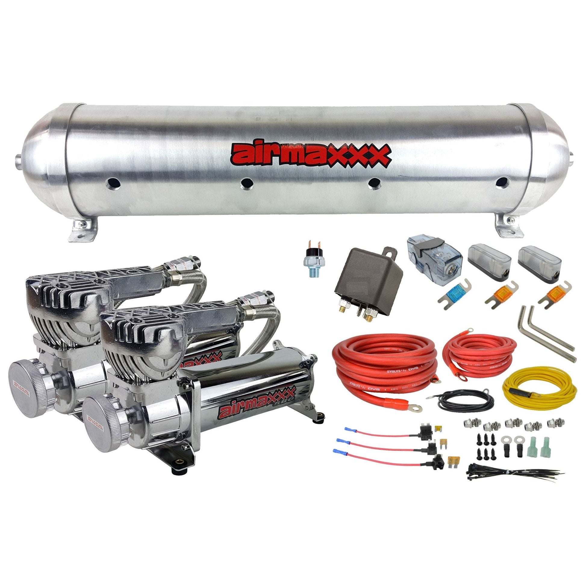 airmaxxx 580 chrome dual air compressors with 5 gallon 9 port raw aluminum tank & wiring kit