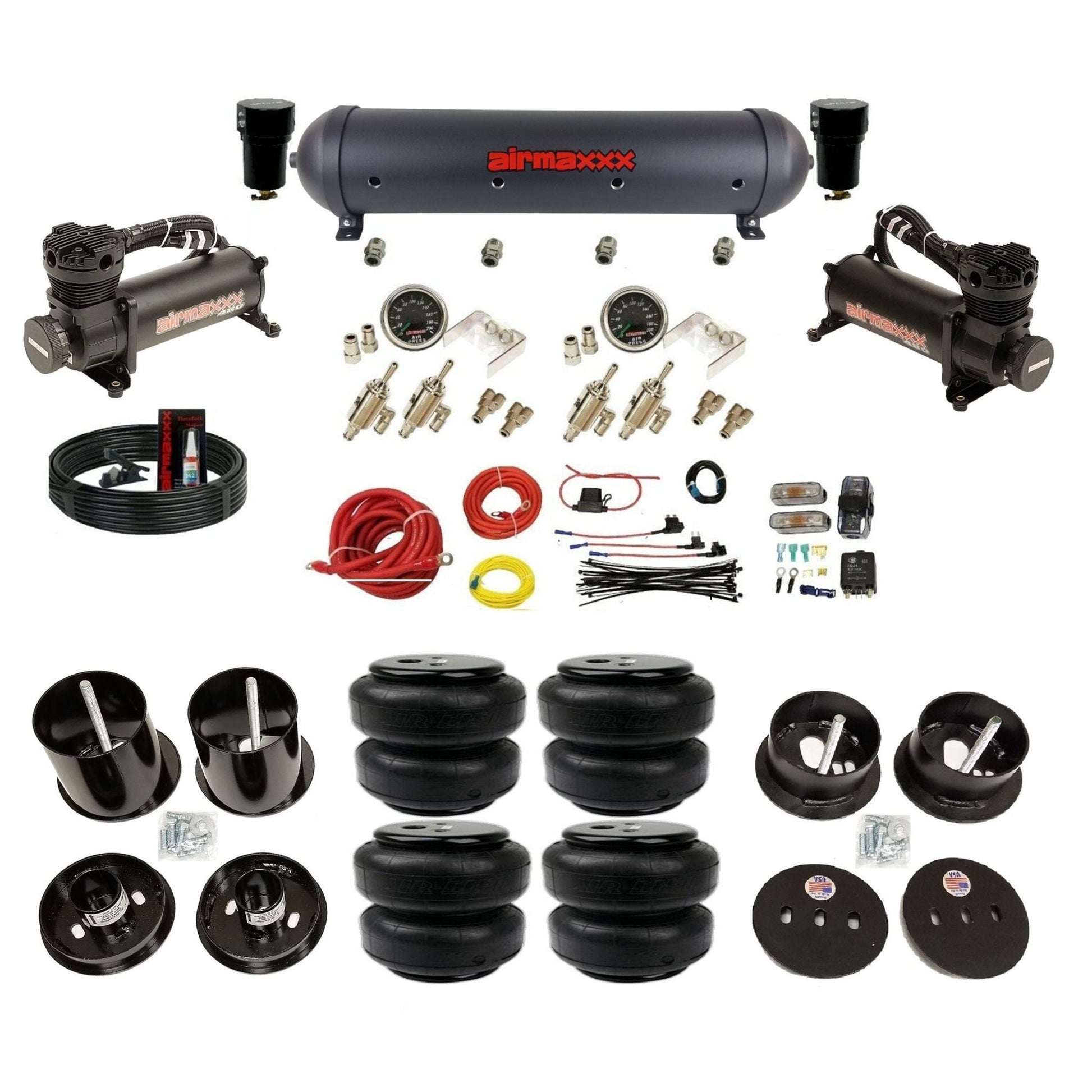 airmaxxx Air Lift bags & brackets manual 3/8" toggles air suspension kit black 480 compressors & aluminum tank for 1963-1964 Cadillac KCAD63-480B2-59ABK-4TOG2GA2B-WK-HFD25