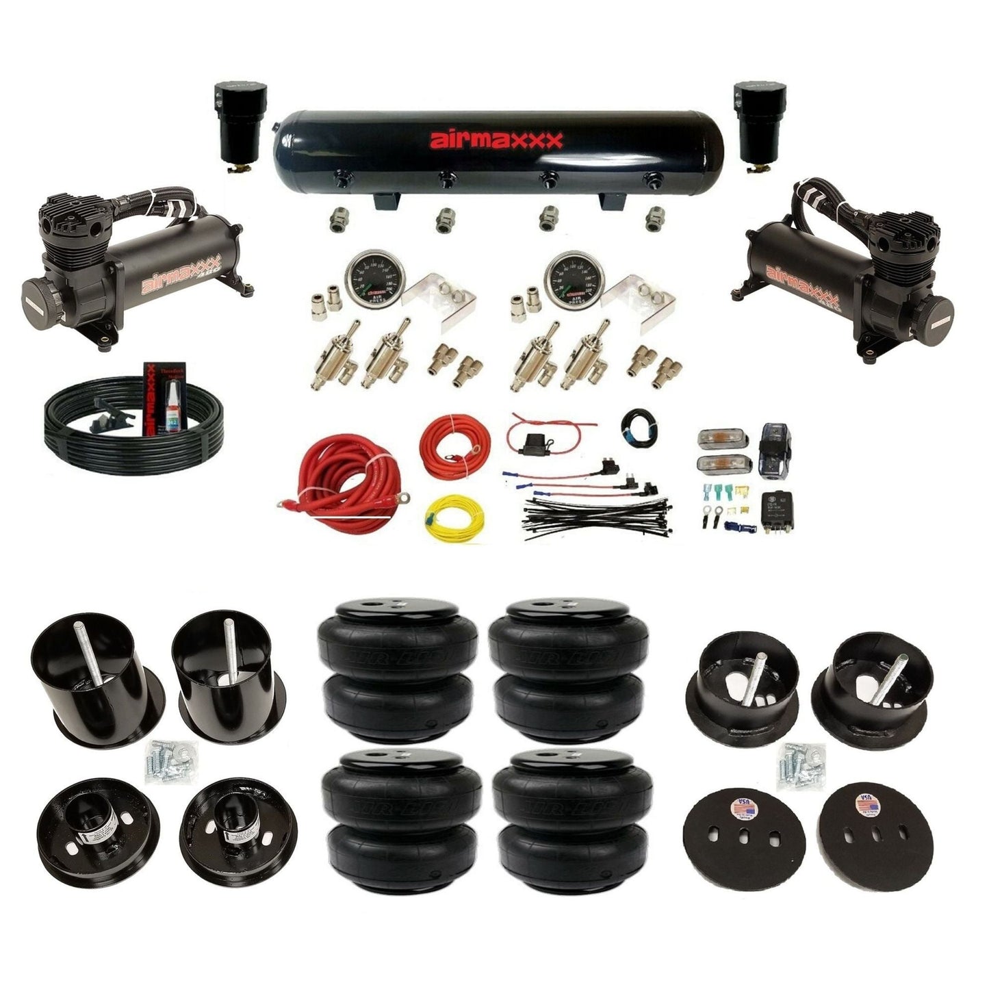 airmaxxx Air Lift bags & brackets manual 3/8" toggles air suspension kit black 480 compressors & steel tank for 1963-1964 Cadillac KCAD63-480B2-59S-4TOG2GA2B-WK-HFD25