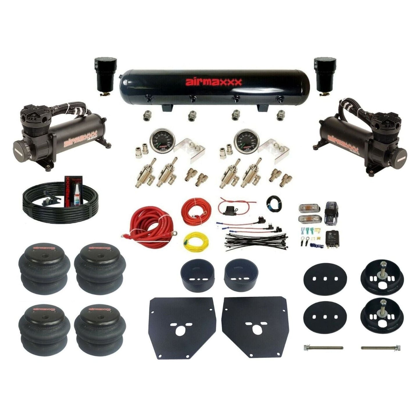 airmaxxx Black Manual 480 Black Air Suspension Kit 3/8 DLOE Valve 2600 Bags Brackets & Steel Tank Fits 1963-1972 C10 KC1063-480B2-59S-4TOG2GA2B-WK-HF