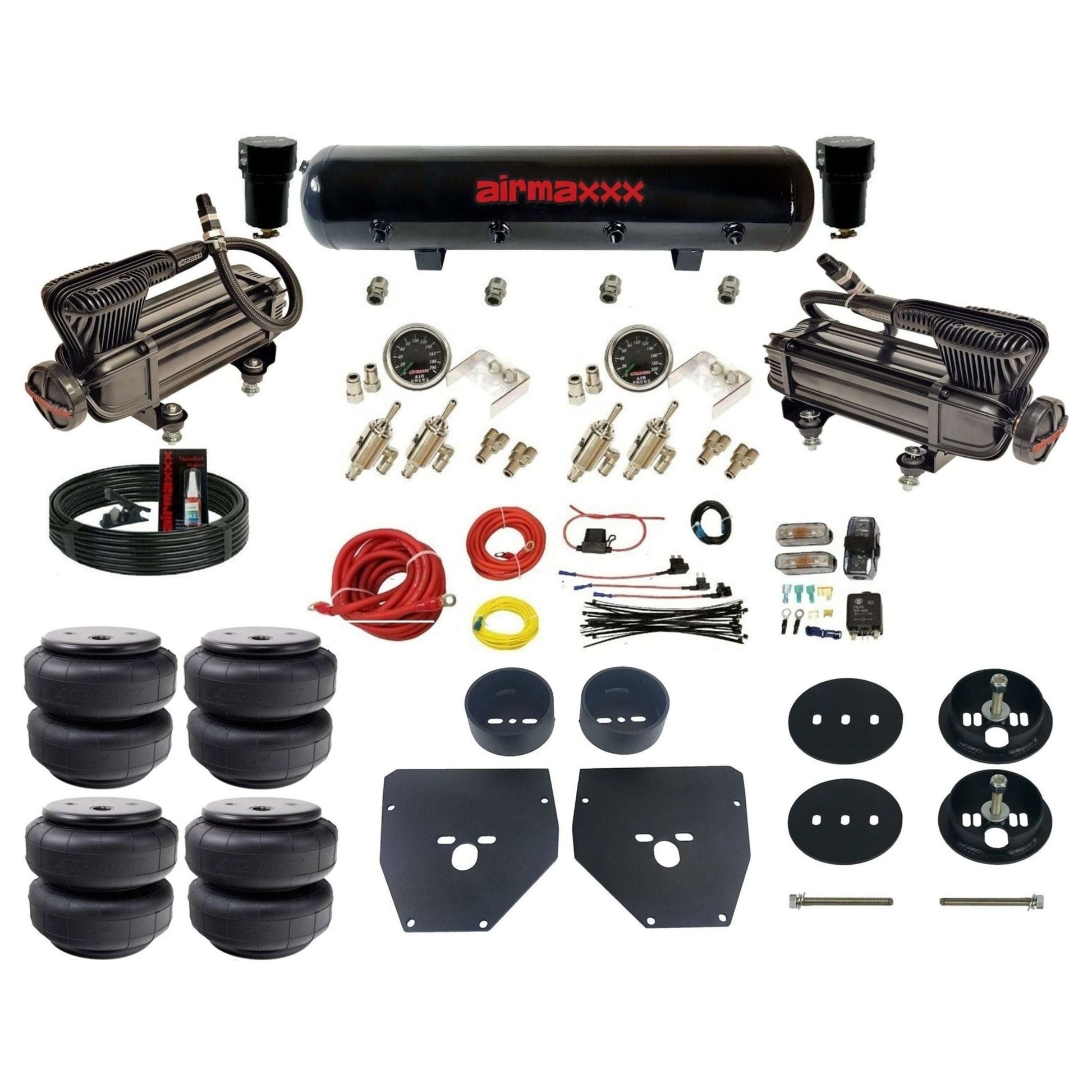 airmaxxx Black Manual X-series Air Suspension Kit 3/8 DLOE Valve Air Lift Bags Brackets & Steel Tank Fits 1963-1972 C10 KC1063-XB2-59S-4TOG2GA2B-WK-HFD26_4d573be1-34e8-4947-854a-74203b6fe082
