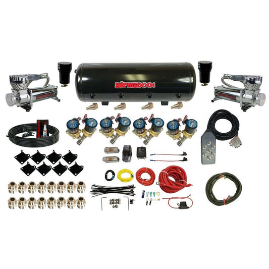 airmaxxx Complete 1/2 inch air ride management kit with 580 chrome tank lines and fittings