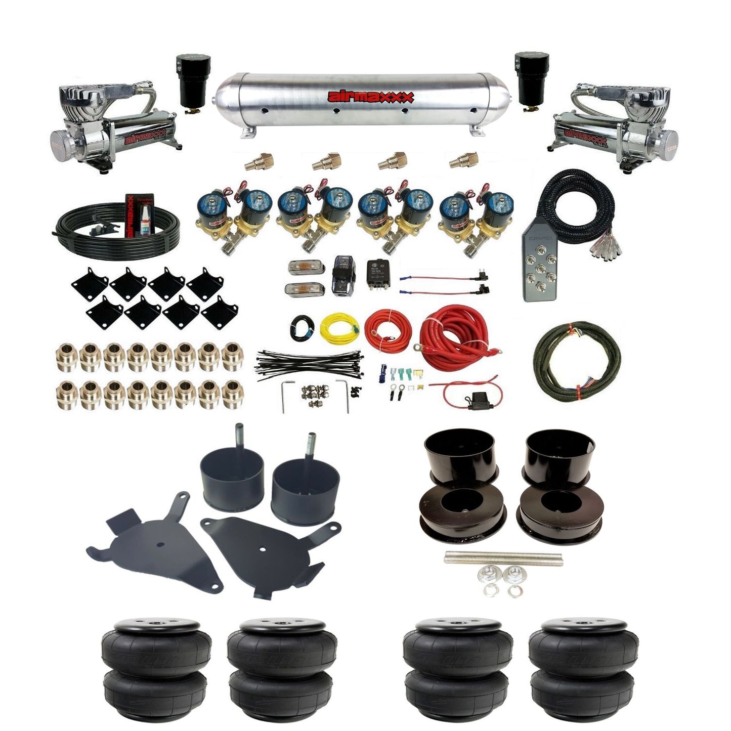 airmaxxx Complete 1/2 inch air ride suspension kit 580 chrome aluminum tank and Air Lift bags for GM G-Body KGBDY-580C2-812-59ARW-7TBK-WK-HFD25