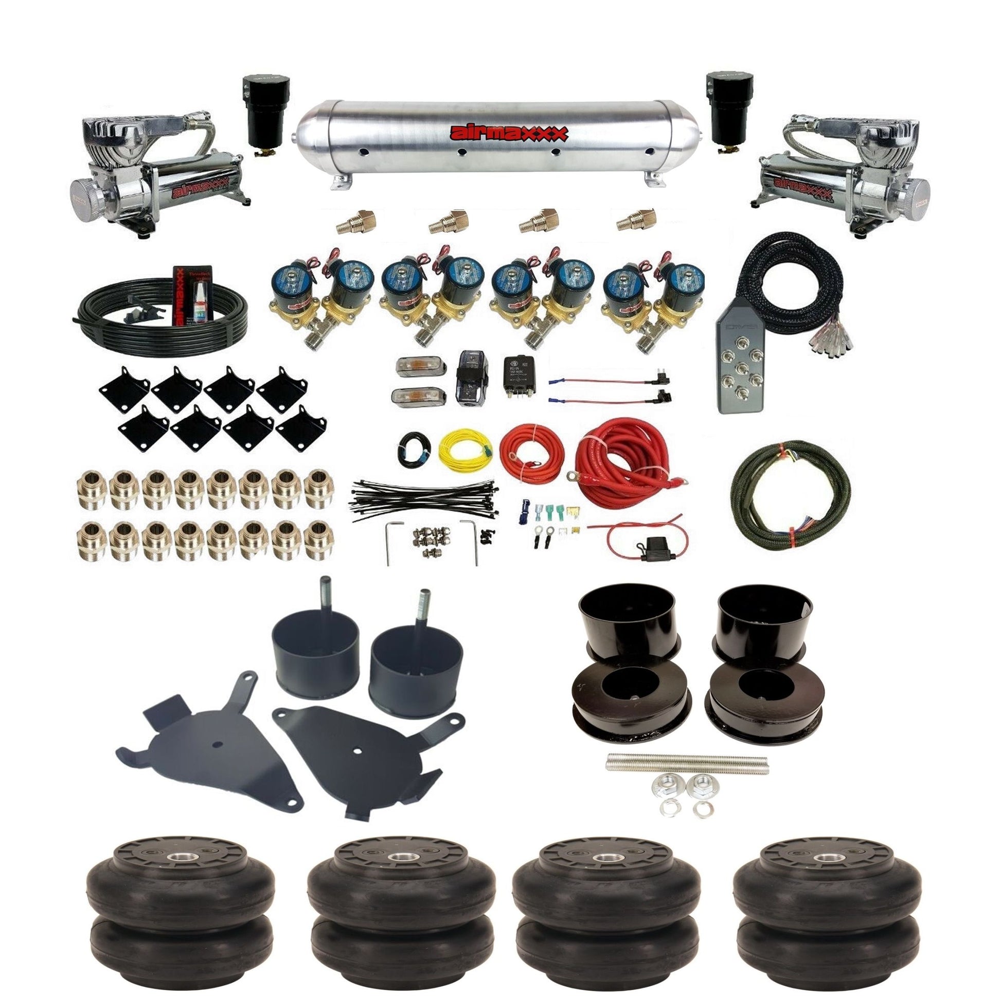 airmaxxx Complete 1/2 inch air ride suspension kit 580 chrome aluminum tank and Slam SS7 bags for GM G-Body KGKGBDY-580C2-812-59ARW-7TBK-WK-HFSS6