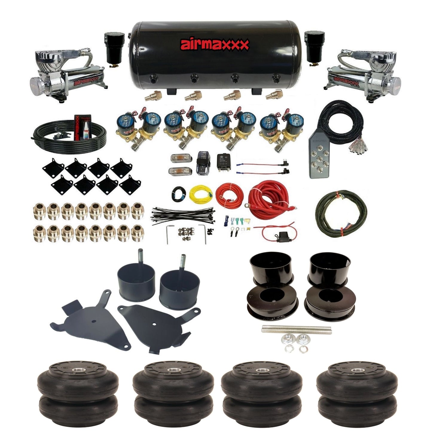 airmaxxx Complete 1/2 inch air ride suspension kit 580 chrome steel tank and slam bags for GM G-Body
