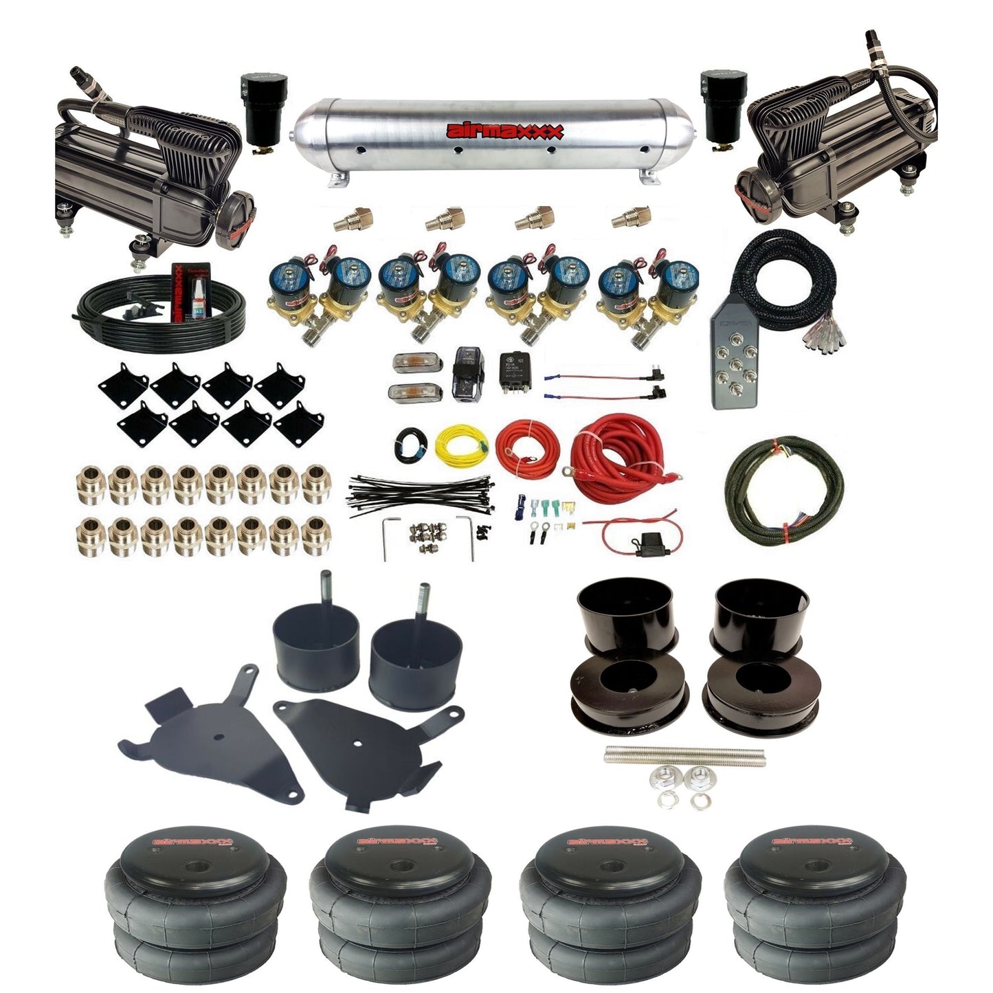 airmaxxx Complete 1/2 inch air ride suspension kit x-series compressors aluminum tank and 2500 bags for GM G-Body