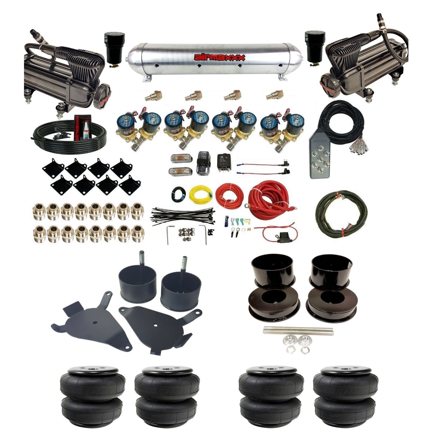 airmaxxx Complete 1/2 inch air ride suspension kit x-series compressors aluminum tank and air lift bags for GM G-Body KGBDY-XB2-812-59ARW-7TBK-WK-HFD25