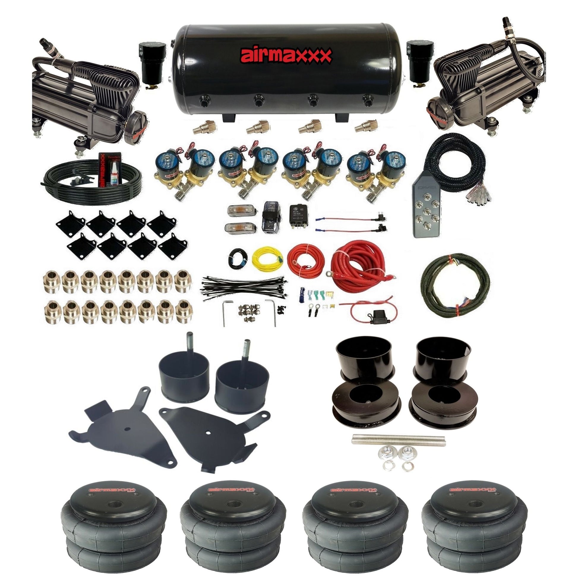 airmaxxx Complete 1/2 inch air ride suspension kit x-series compressors steel tank and 2500 bags for GM G-Body