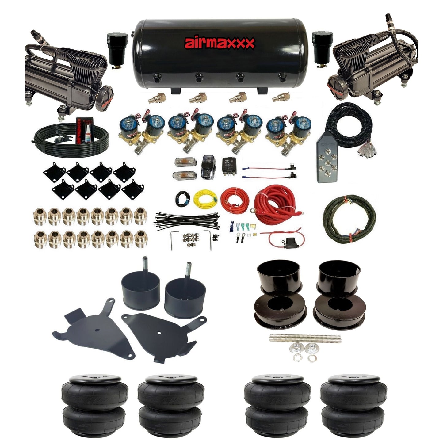 airmaxxx Complete 1/2 inch air ride suspension kit x-series compressors steel tank and air lift bags for GM G-Body