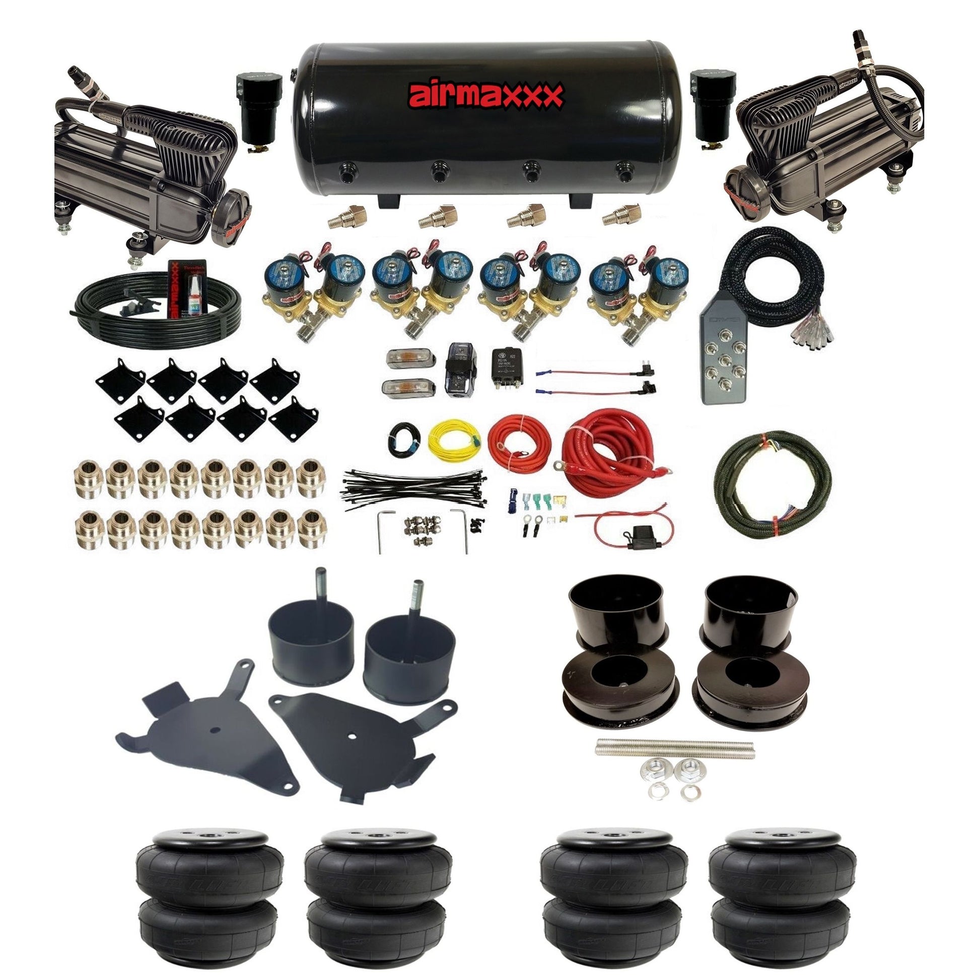 airmaxxx Complete 1/2 inch air ride suspension kit x-series compressors steel tank and air lift bags for GM G-Body