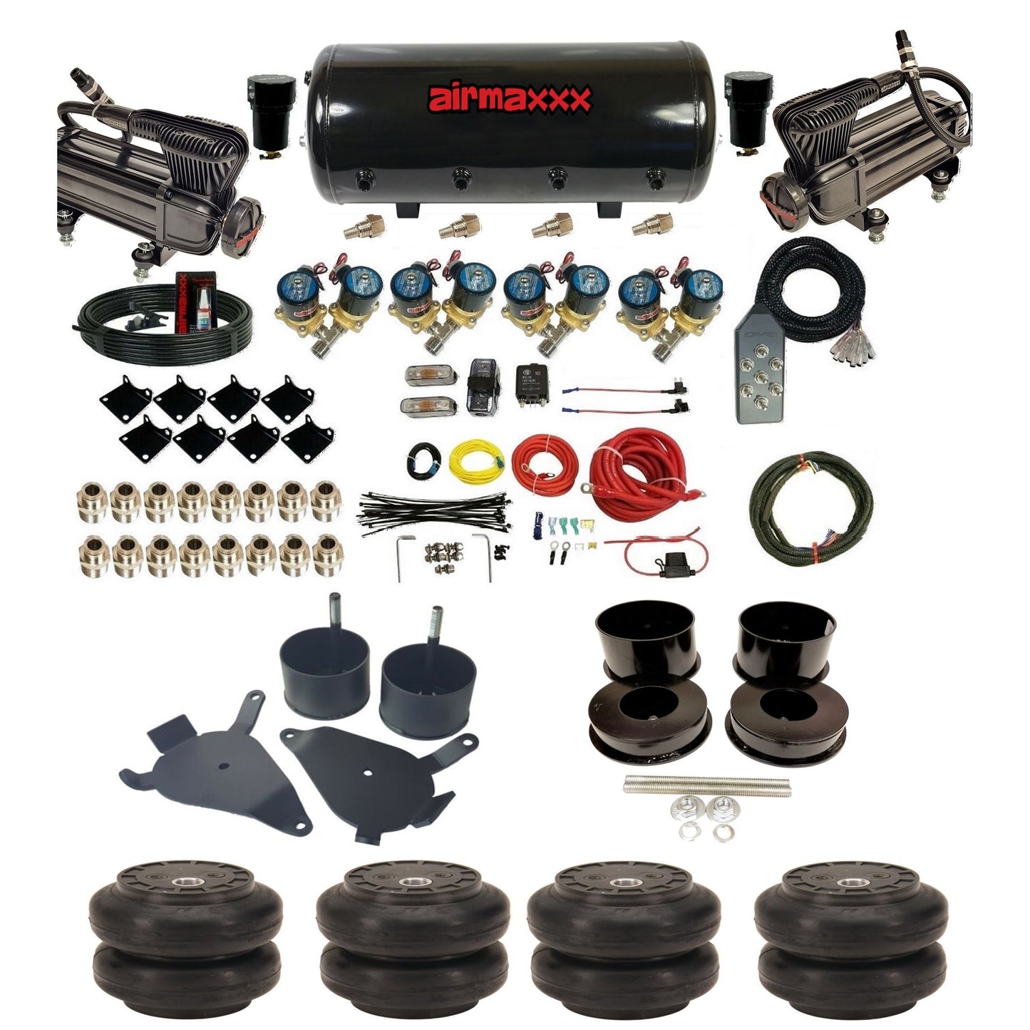 airmaxxx Complete 1/2 inch air ride suspension kit x-series compressors steel tank and ss6 slam bags for GM G-Body