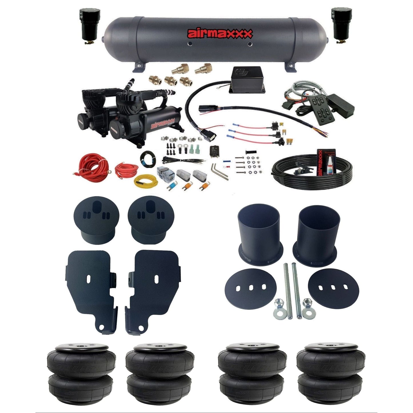 airmaxxx Complete air suspension kit w/580 black compressors airlift bags & aluminum tank for 1965-70 Chevy Impala KIMP65-580B2-57ABLK-SV8CMC1-WK-HFD25