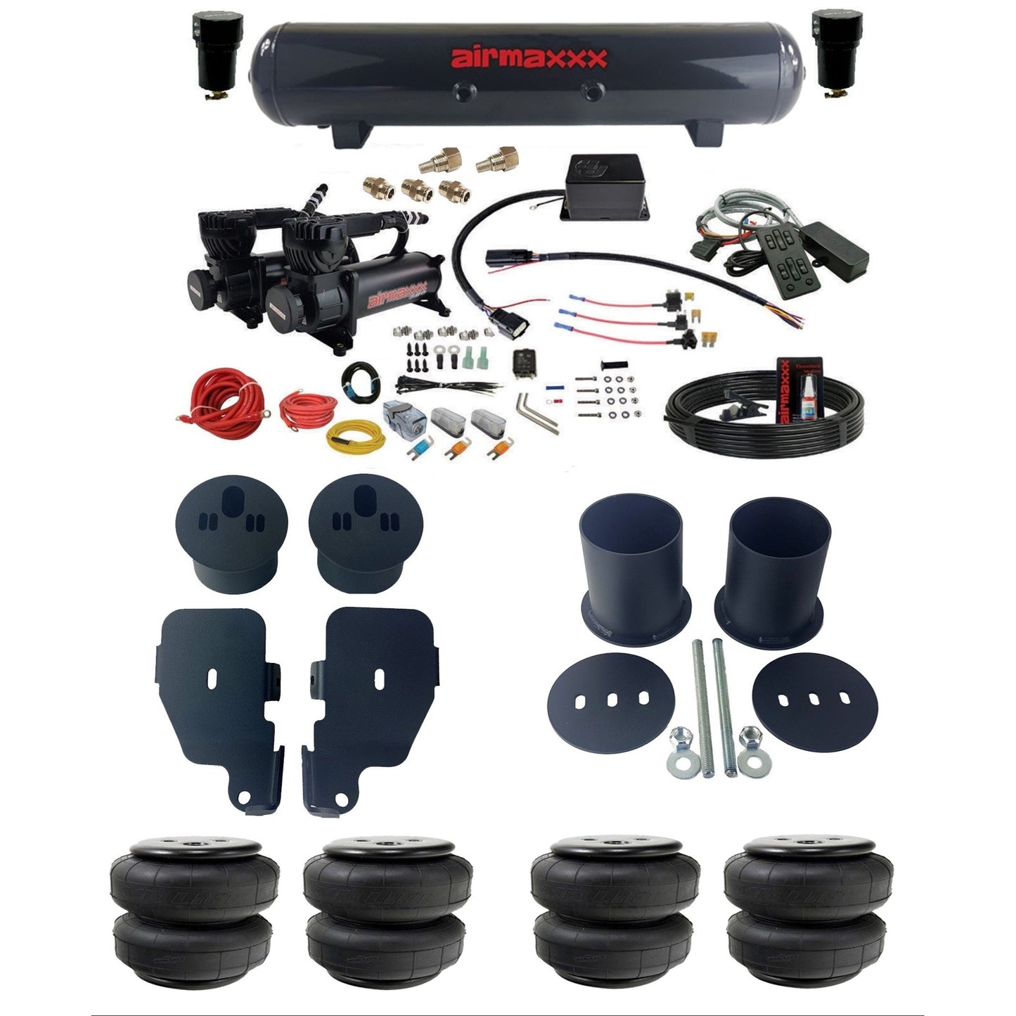 airmaxxx Complete air suspension kit w/580 black compressors airlift bags & steel tank for 1965-70 Chevy Impala KIMP65-580B2-57S-SV8CMC1-WK-HFD25