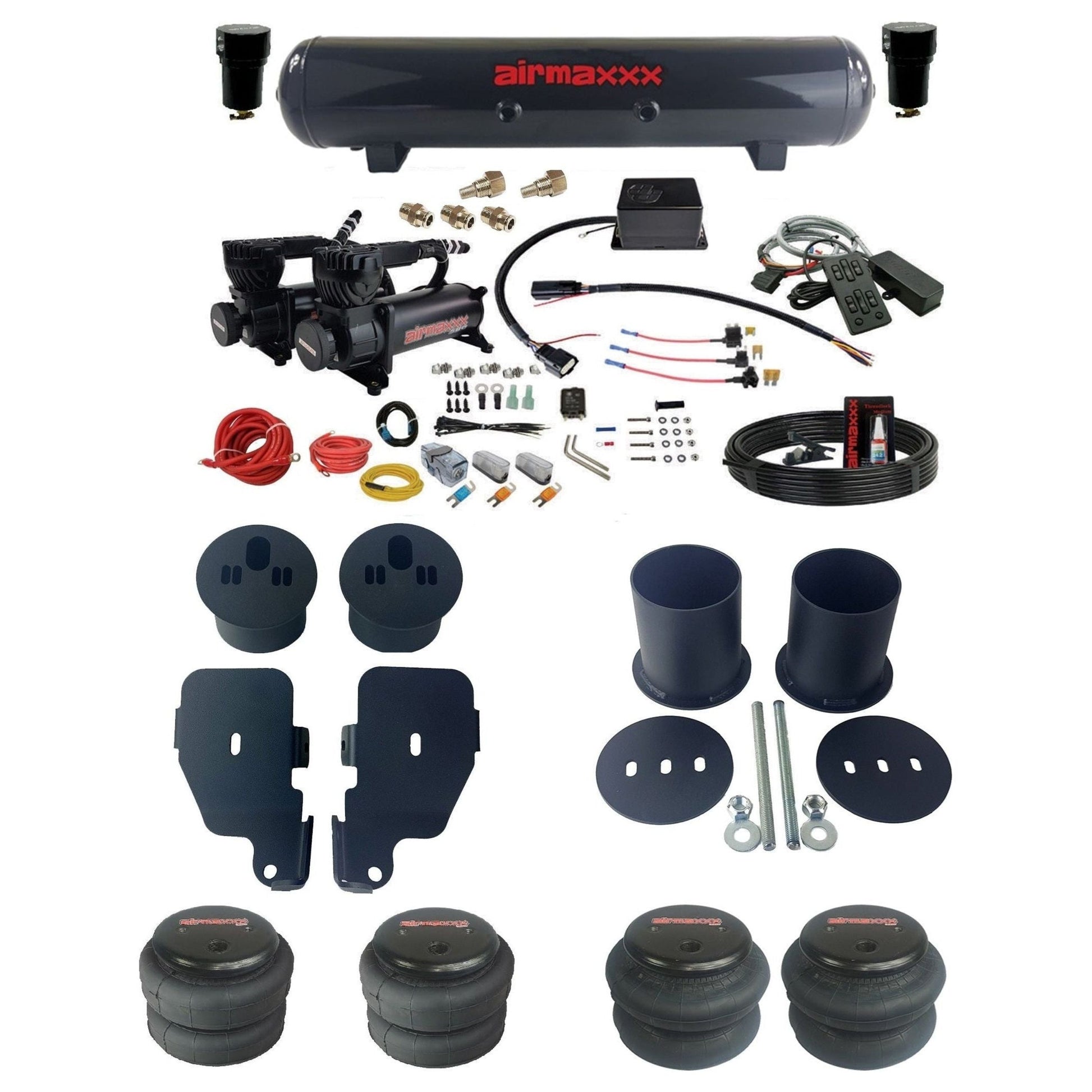 airmaxxx Complete air suspension kit w/580 black compressors bags & steel tank for 1965-70 Chevy Impala KIMP65-580B2-57S-SV8CMC1-WK-HF