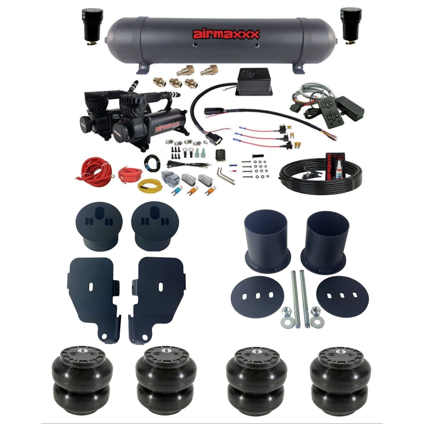 airmaxxx Complete air suspension kit w/580 black compressors slam bags & aluminum tank for 1965-70 Chevy Impala KIMP65-580B2-57ABLK-SV8CMC1-WK-HFSS6