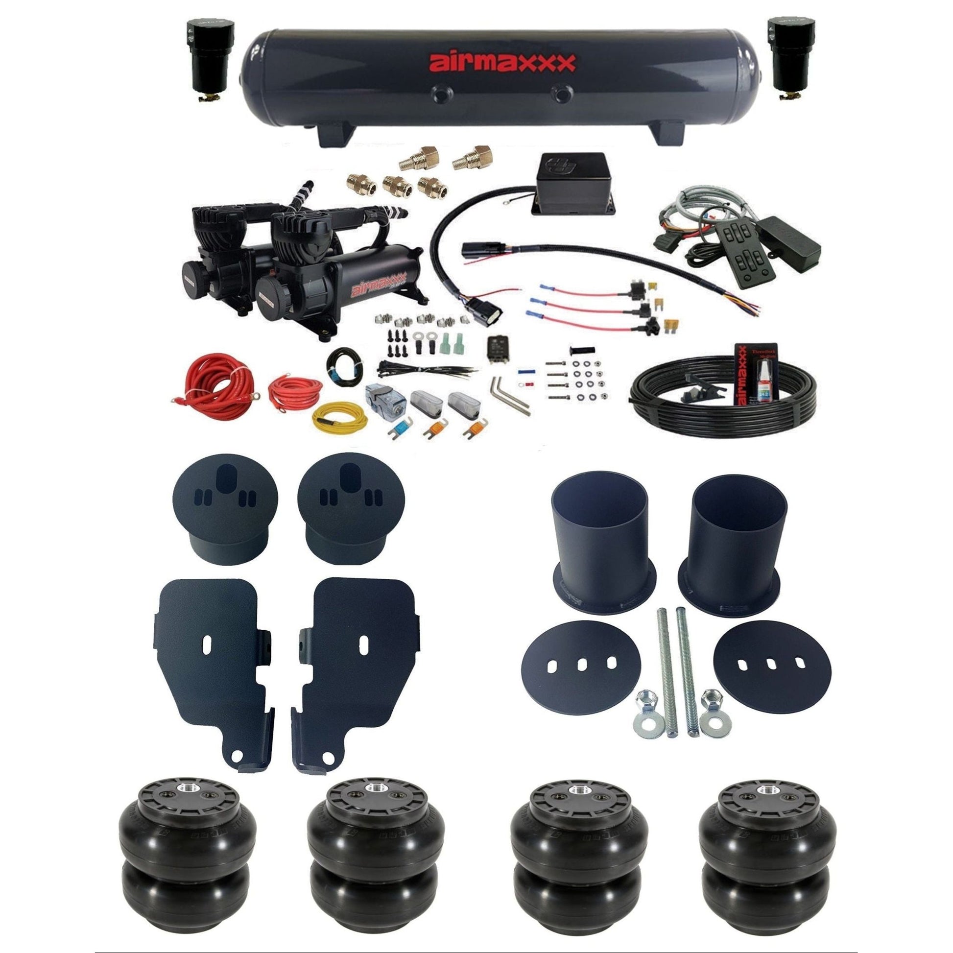 airmaxxx Complete air suspension kit w/580 black compressors slam bags & steel tank for 1965-70 Chevy Impala KIMP65-580B2-57S-SV8CMC1-WK-HFSS6