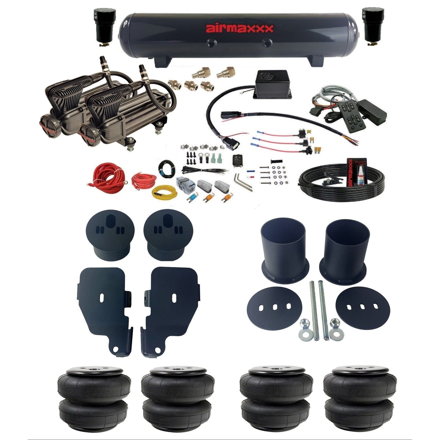 airmaxxx Complete air suspension kit w/x-series compressors airlift bags & steel tank for 1965-70 Chevy Impala KIMP65-XB2-57S-SV8CMC1-WK-HFD25