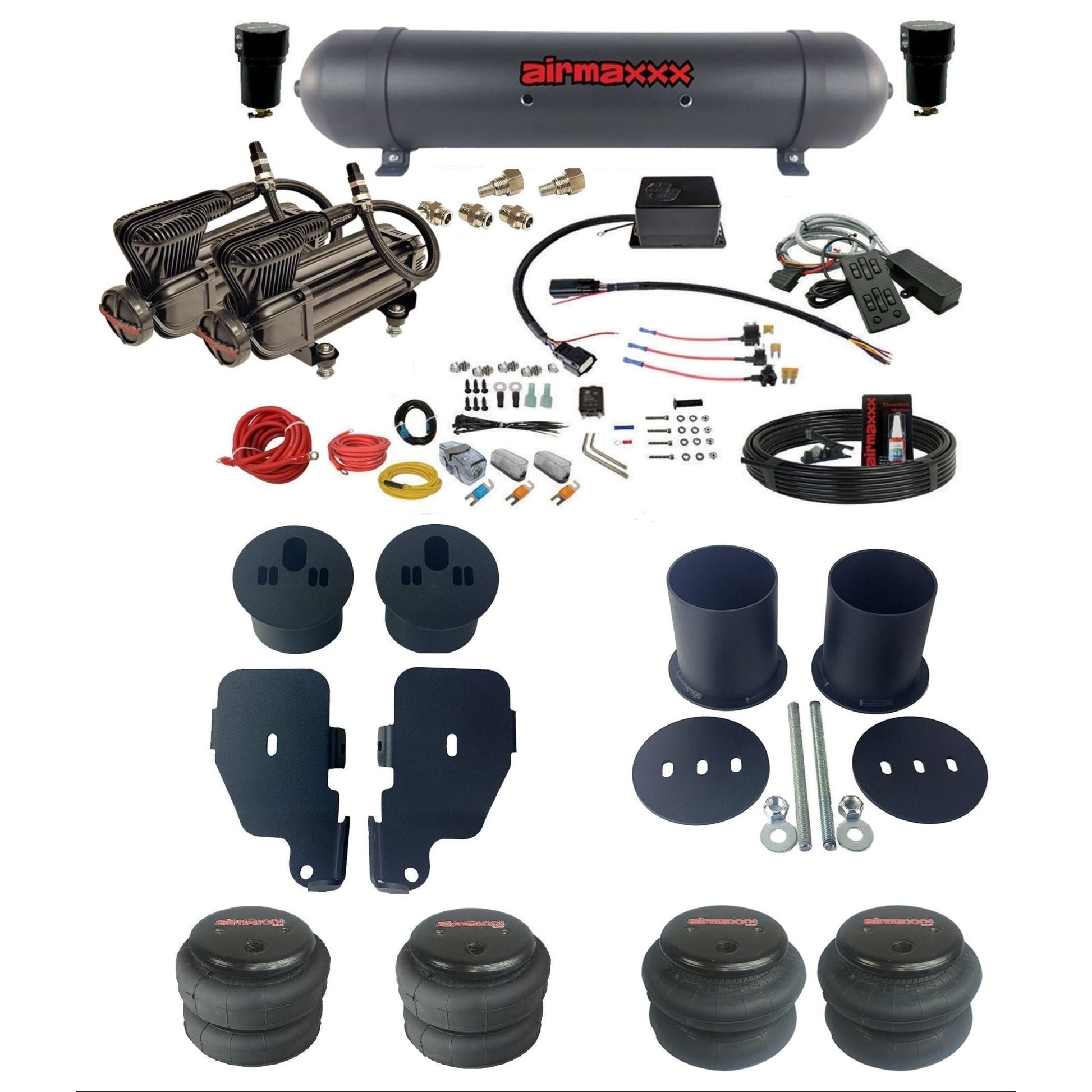 airmaxxx Complete air suspension kit w/x-series compressors bags & aluminum tank for 1965-70 Chevy Impala KIMP65-XB2-57ABK-SV8CMC1-WK-HF