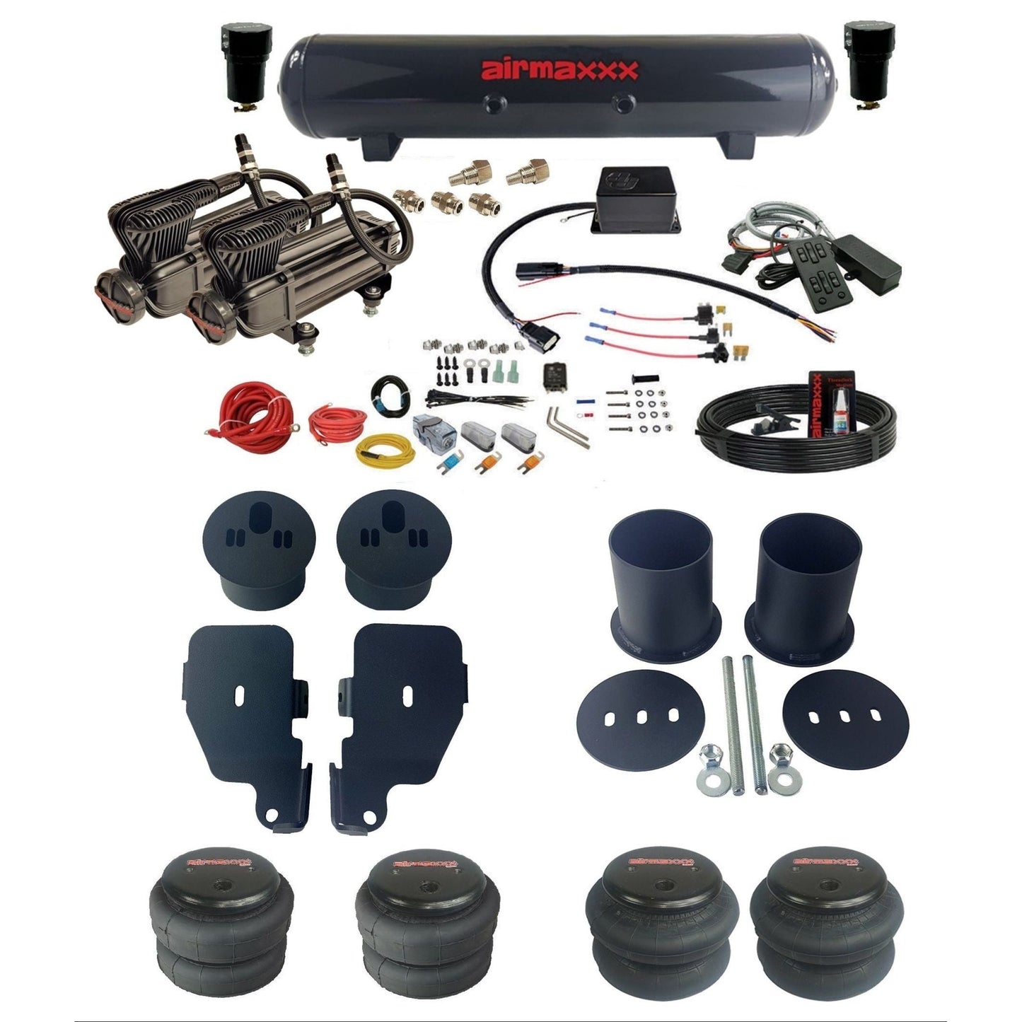 airmaxxx Complete air suspension kit w/x-series compressors bags & steel tank for 1965-70 Chevy Impala KIMP65-XB2-57S-SV8CMC1-WK-HF