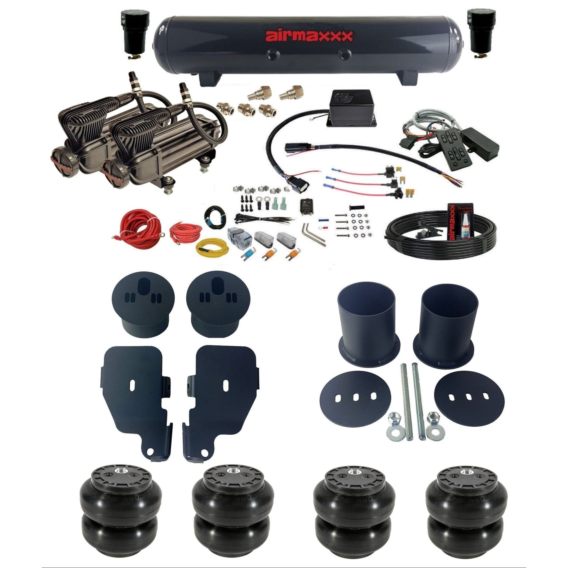 airmaxxx Complete air suspension kit w/x-series compressors slam bags & steel tank for 1965-70 Chevy Impala KIMP65-XB2-57S-SV8CMC1-WK-HFSS6
