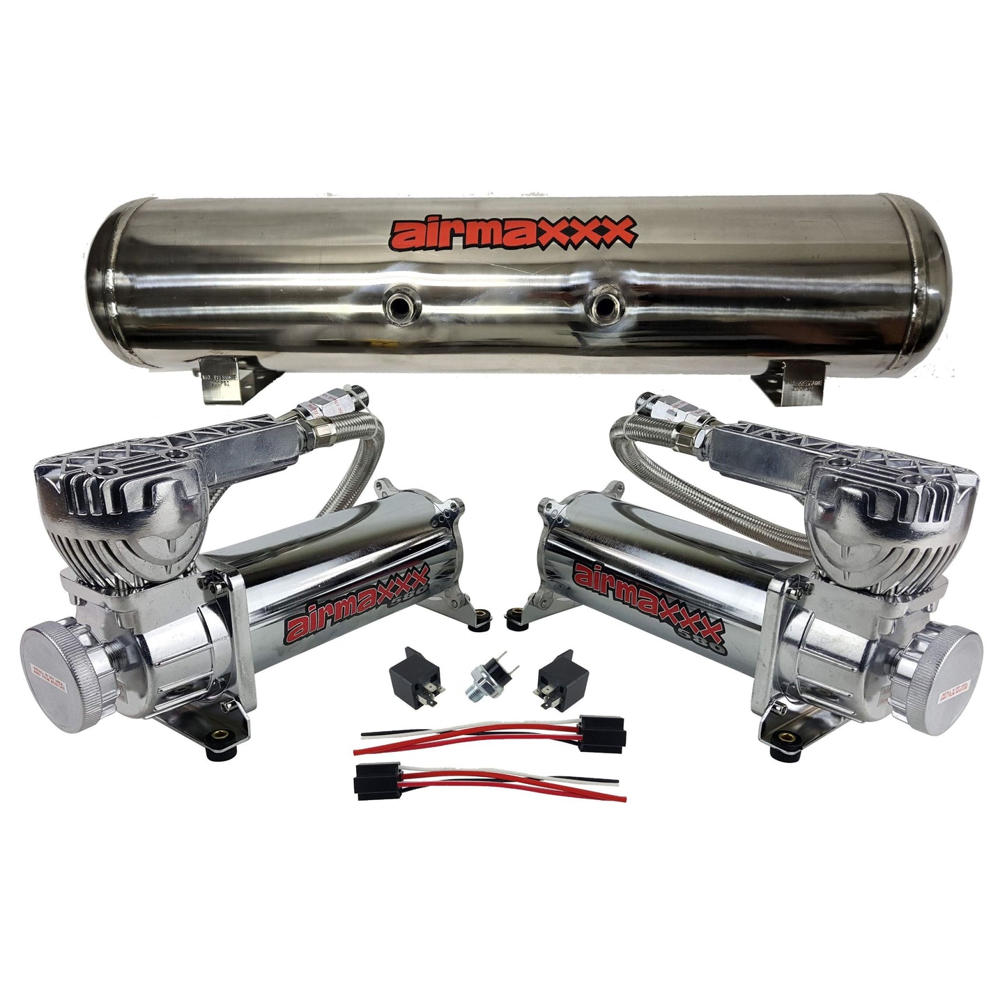 airmaxxx High-output dual 580 chrome compressors with 7 port stainless air tank