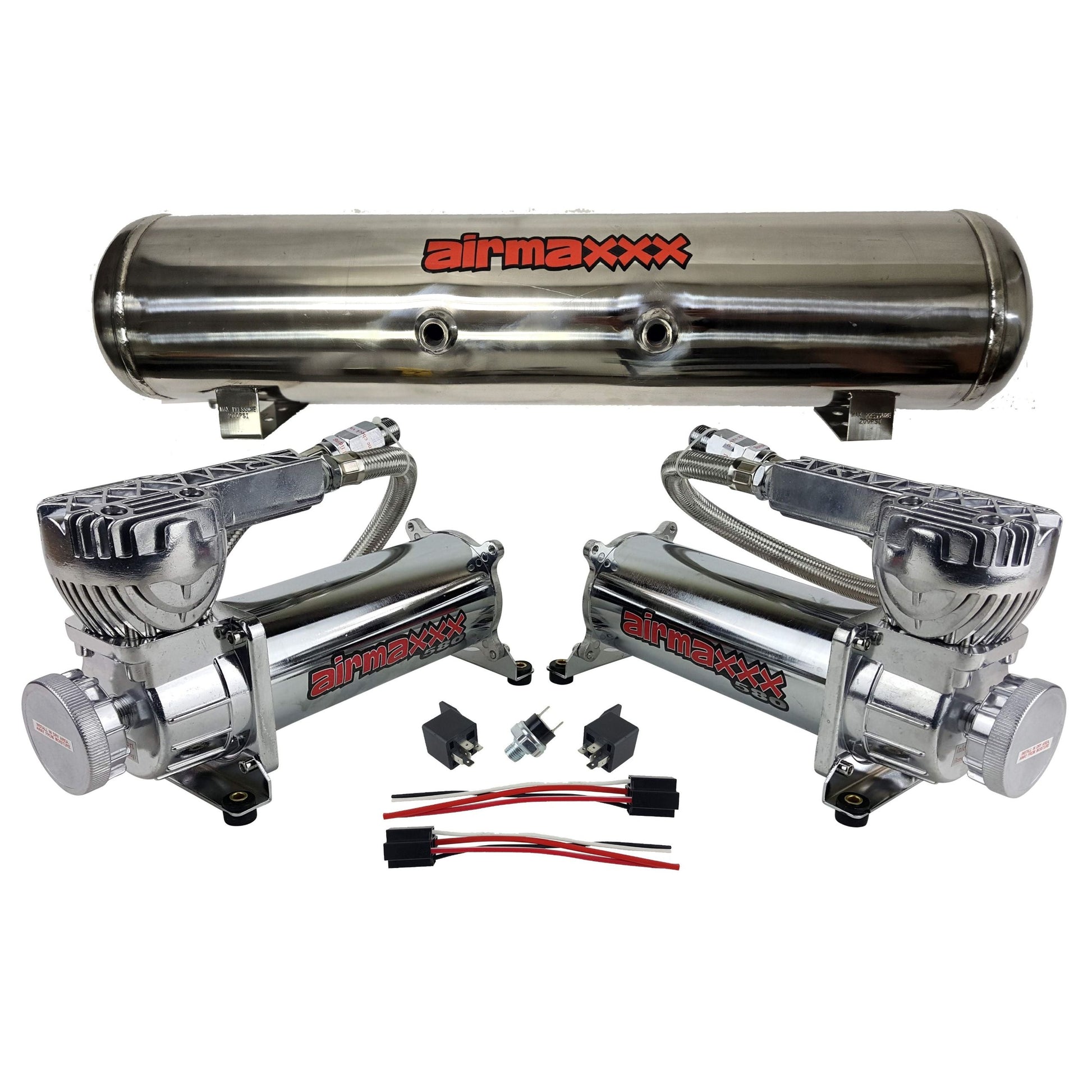 airmaxxx High-output dual 580 chrome compressors with 7 port stainless air tank
