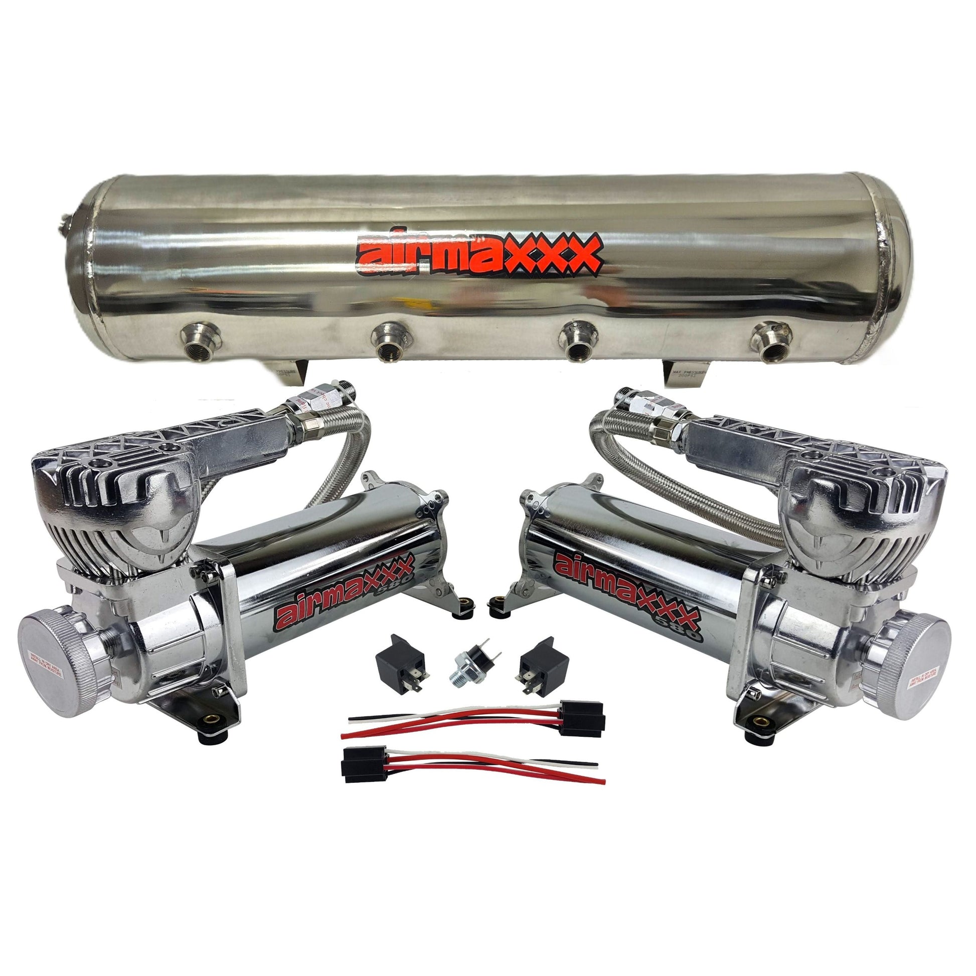 airmaxxx High-output dual 580 chrome compressors with 9 port stainless air tank