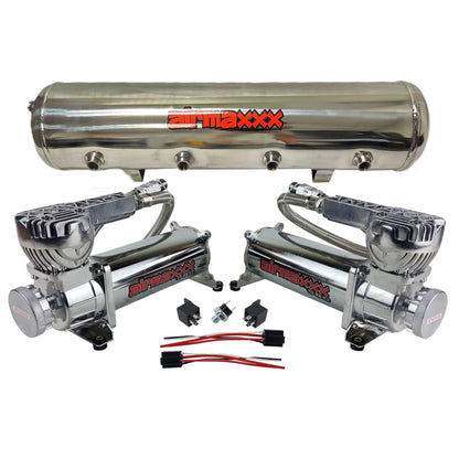 airmaxxx High-output dual 580 chrome compressors with 9 port stainless air tank