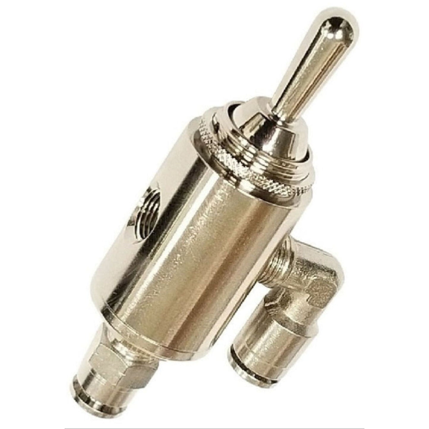 An airmaxxx Manual 3-Position Toggle Air Valve made of stainless steel with a simple design and a toggle switch.