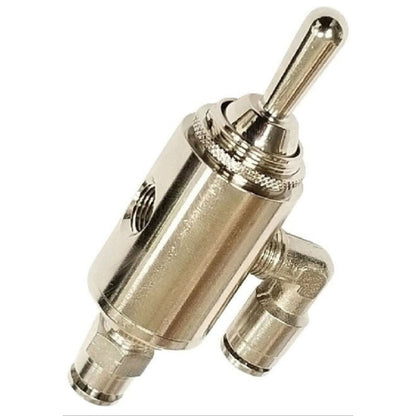 An airmaxxx Manual 3-Position Toggle Air Valve made of stainless steel with a simple design and a toggle switch.