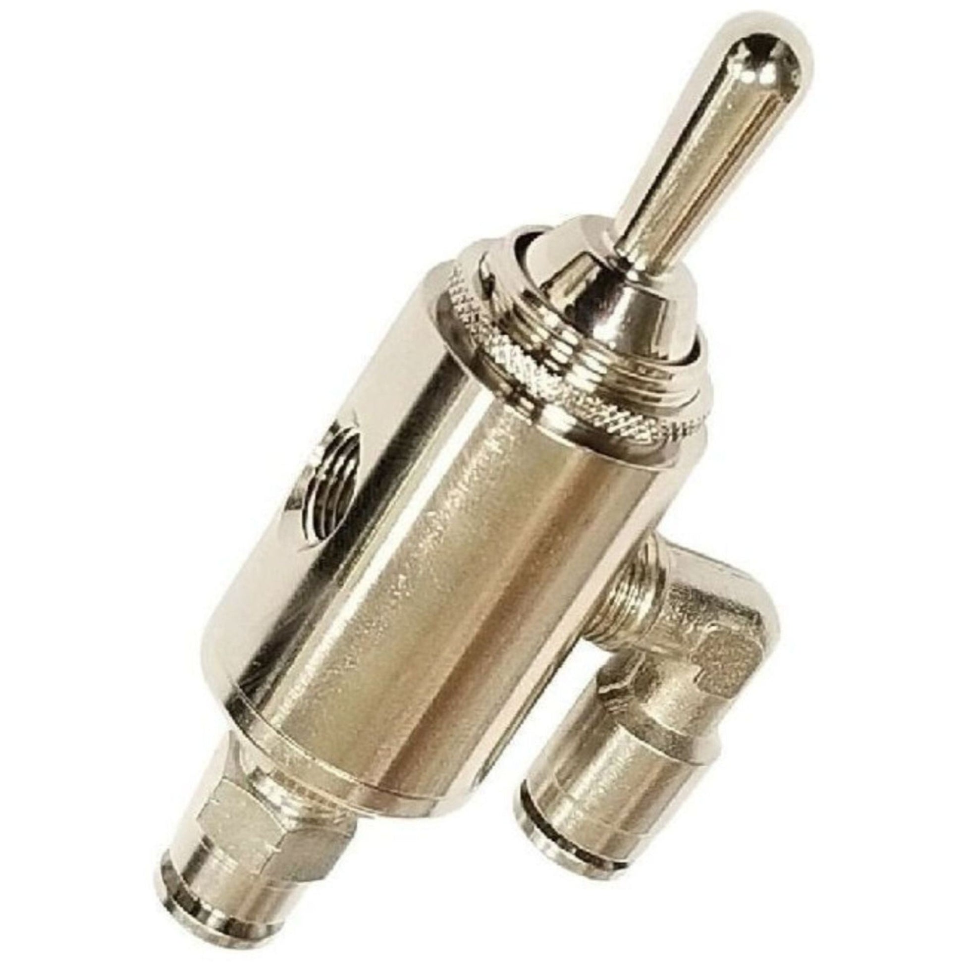 An airmaxxx Manual 3-Position Toggle Air Valve made of stainless steel with a simple design and a toggle switch.