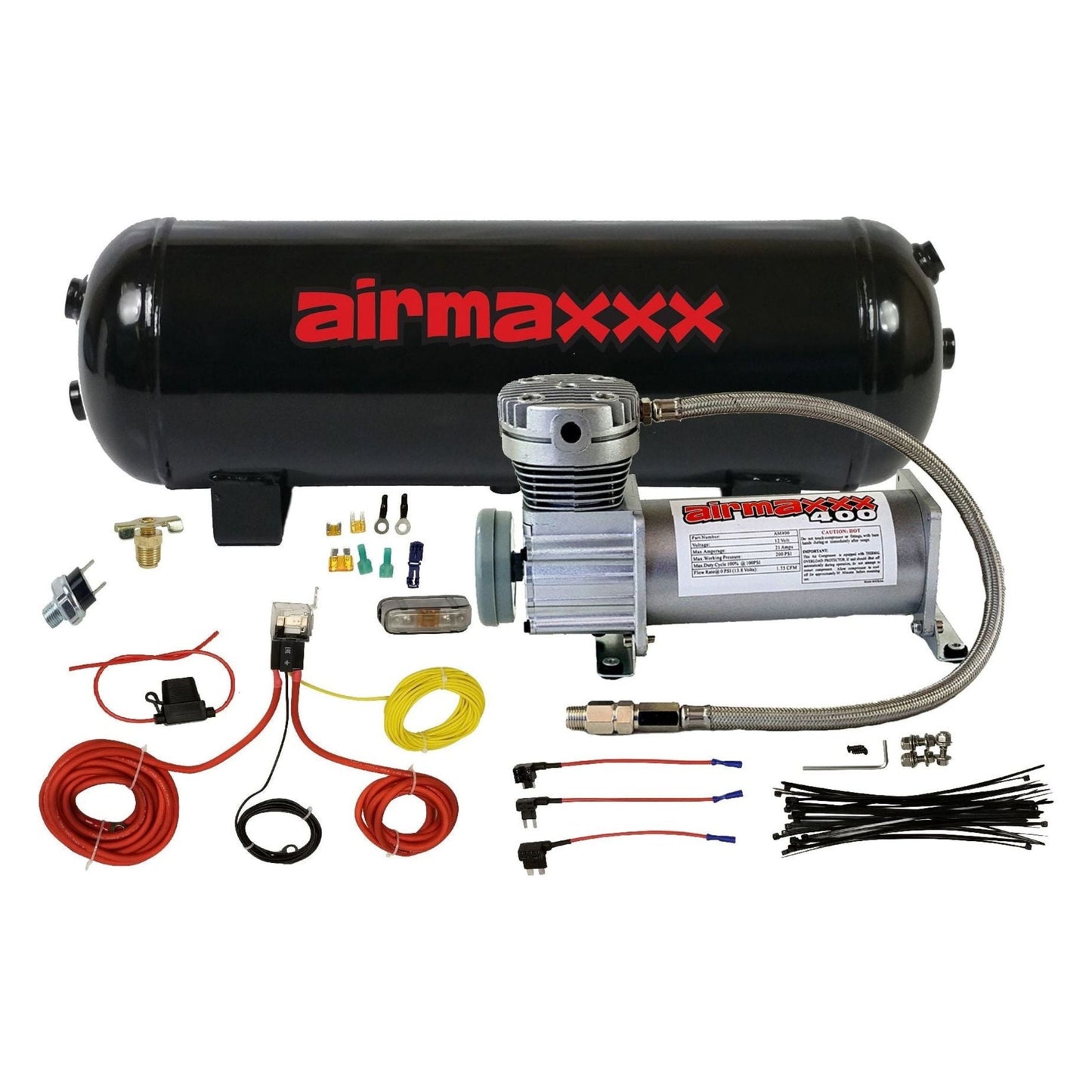 airmaxxx Pewter 400 air compressor with a 3 gallon steel air tank, accompanied by wires, hoses, and mounting hardware