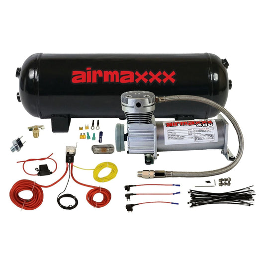 airmaxxx Pewter 400 air compressor with a 3 gallon steel air tank, accompanied by wires, hoses, and mounting hardware