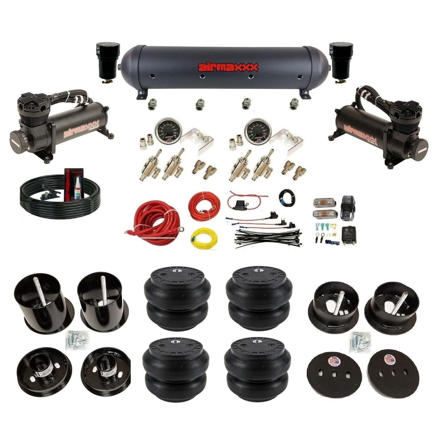 airmaxxx Slam bags & brackets manual 3/8" toggles air suspension kit black 480 compressors & aluminum tank for 1963-1964 Cadillac KCAD63-480B2-59ABK-4TOG2GA2B-WK-HFSS7
