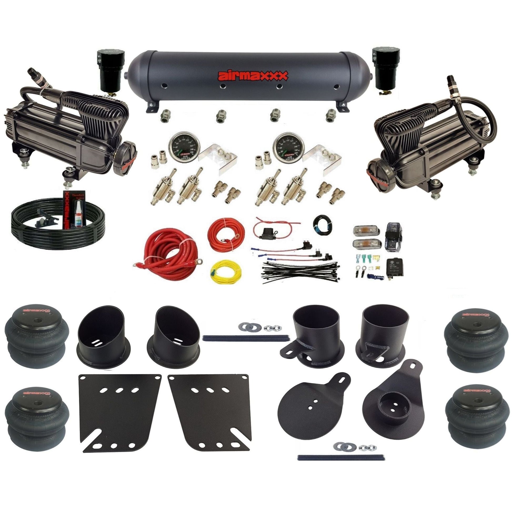 airmaxxx X-Series air compressors 3/8 manual air suspension black aluminum air tank w/2600 bags kit fits 1958 64 chevy impala KIMP58-XB2-59ABK-4TOG2GA2B-WK-HF
