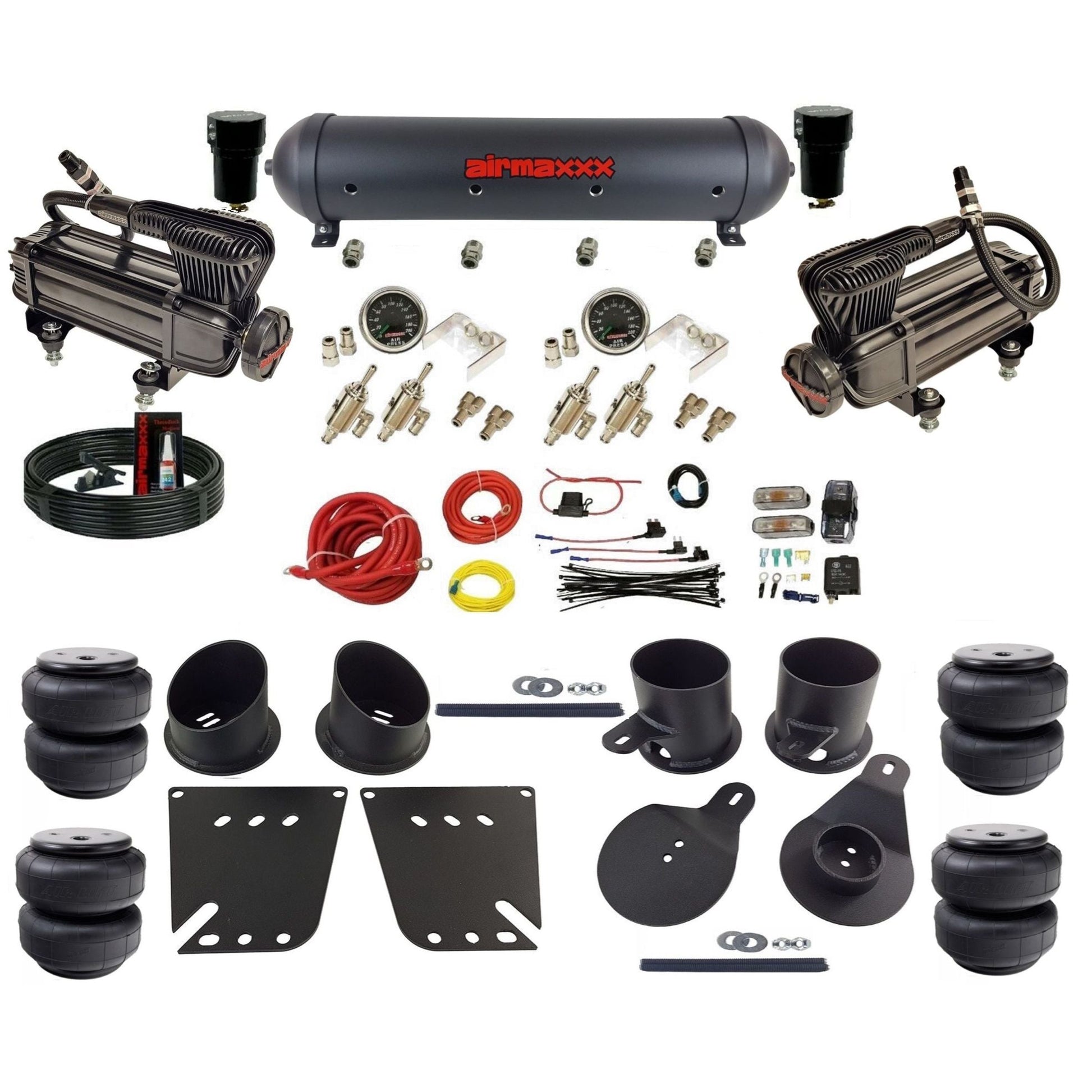 airmaxxx X-Series air compressors 3/8 manual air suspension black aluminum air tank w/Air Lift bags kit fits 1958 64 chevy impala KIMP58-XB2-59ABK-4TOG2GA2B-WK-HFD26
