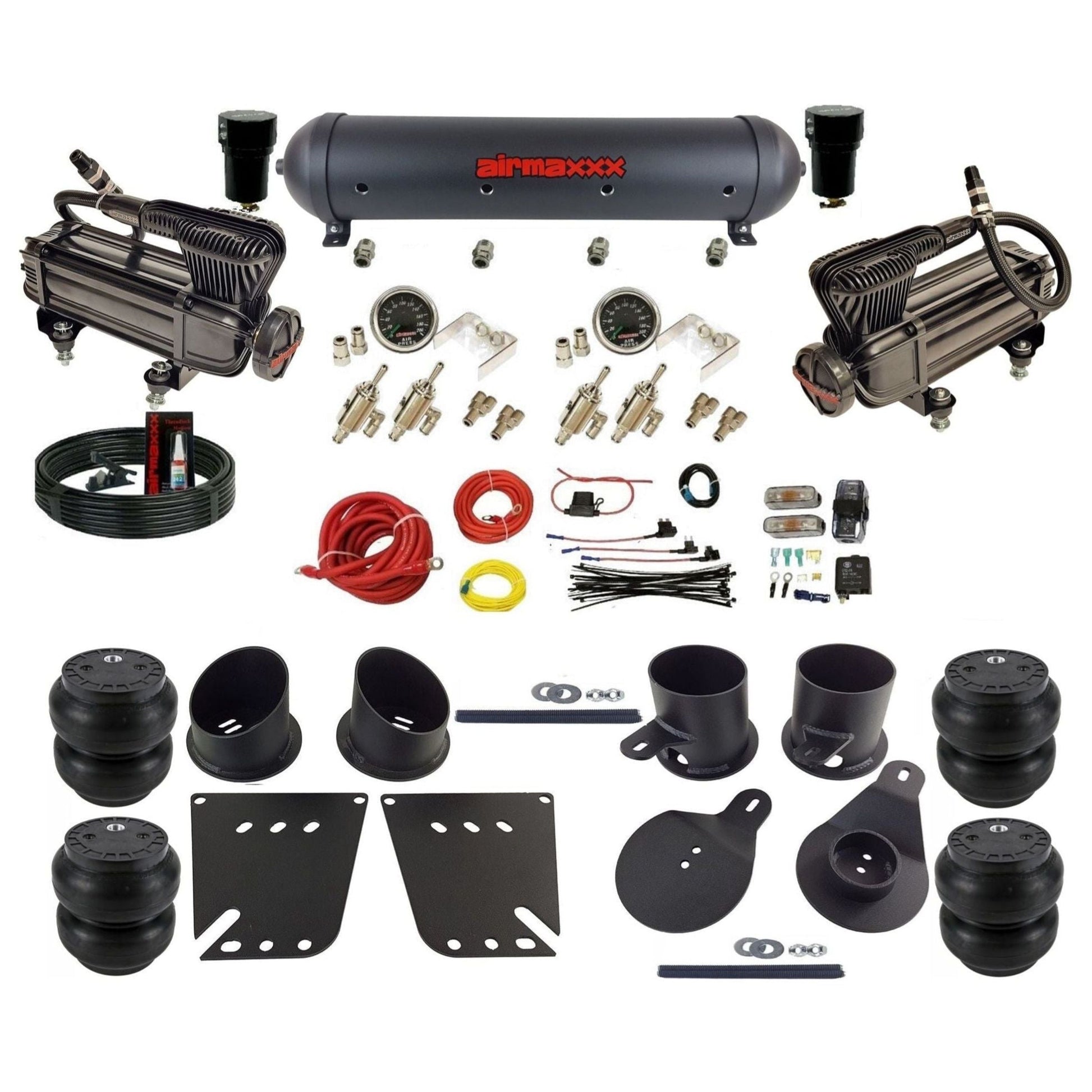 airmaxxx X-Series air compressors 3/8 manual air suspension black aluminum air tank w/Slam bags kit fits 1958 64 chevy impala KIMP58-XB2-59ABK-4TOG2GA2B-WK-HFSS7