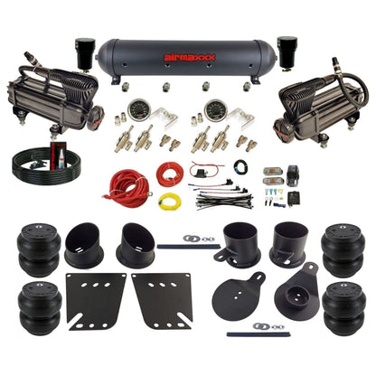 airmaxxx X-Series air compressors 3/8 manual air suspension black aluminum air tank w/Slam bags kit fits 1958 64 chevy impala KIMP58-XB2-59ABK-4TOG2GA2B-WK-HFSS7