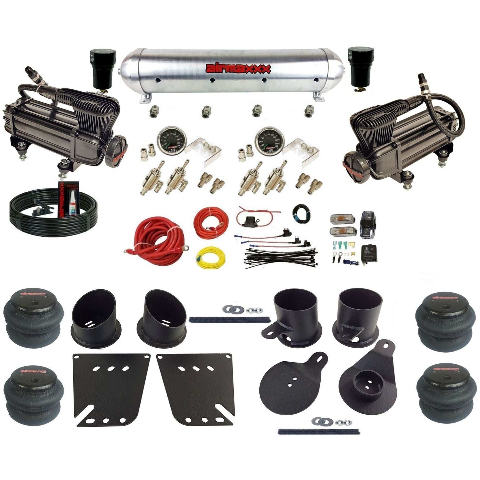 airmaxxx X-Series air compressors 3/8 manual air suspension raw aluminum air tank w/2600 bags kit fits 1958 64 chevy impala KIMP58-XB2-59ARW-4TOG2GA2B-WK-HF