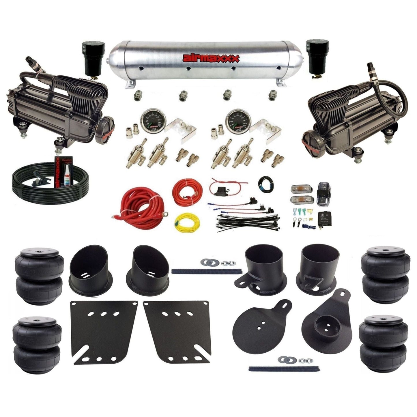 airmaxxx X-Series air compressors 3/8 manual air suspension raw aluminum air tank w/Air Lift bags kit fits 1958 64 chevy impala KIMP58-XB2-59ARW-4TOG2GA2B-WK-HFD25