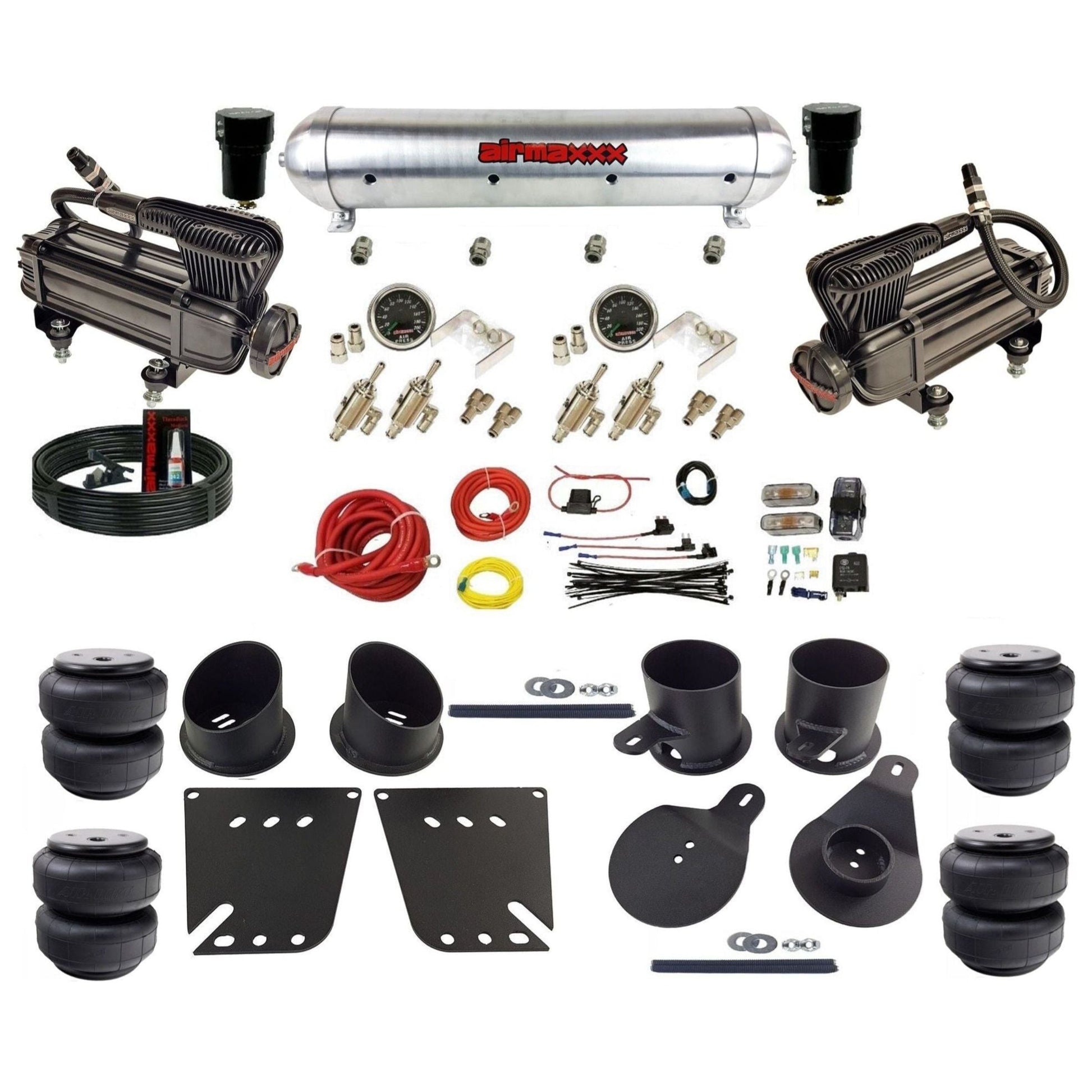 airmaxxx X-Series air compressors 3/8 manual air suspension raw aluminum air tank w/Air Lift bags kit fits 1958 64 chevy impala KIMP58-XB2-59ARW-4TOG2GA2B-WK-HFD25
