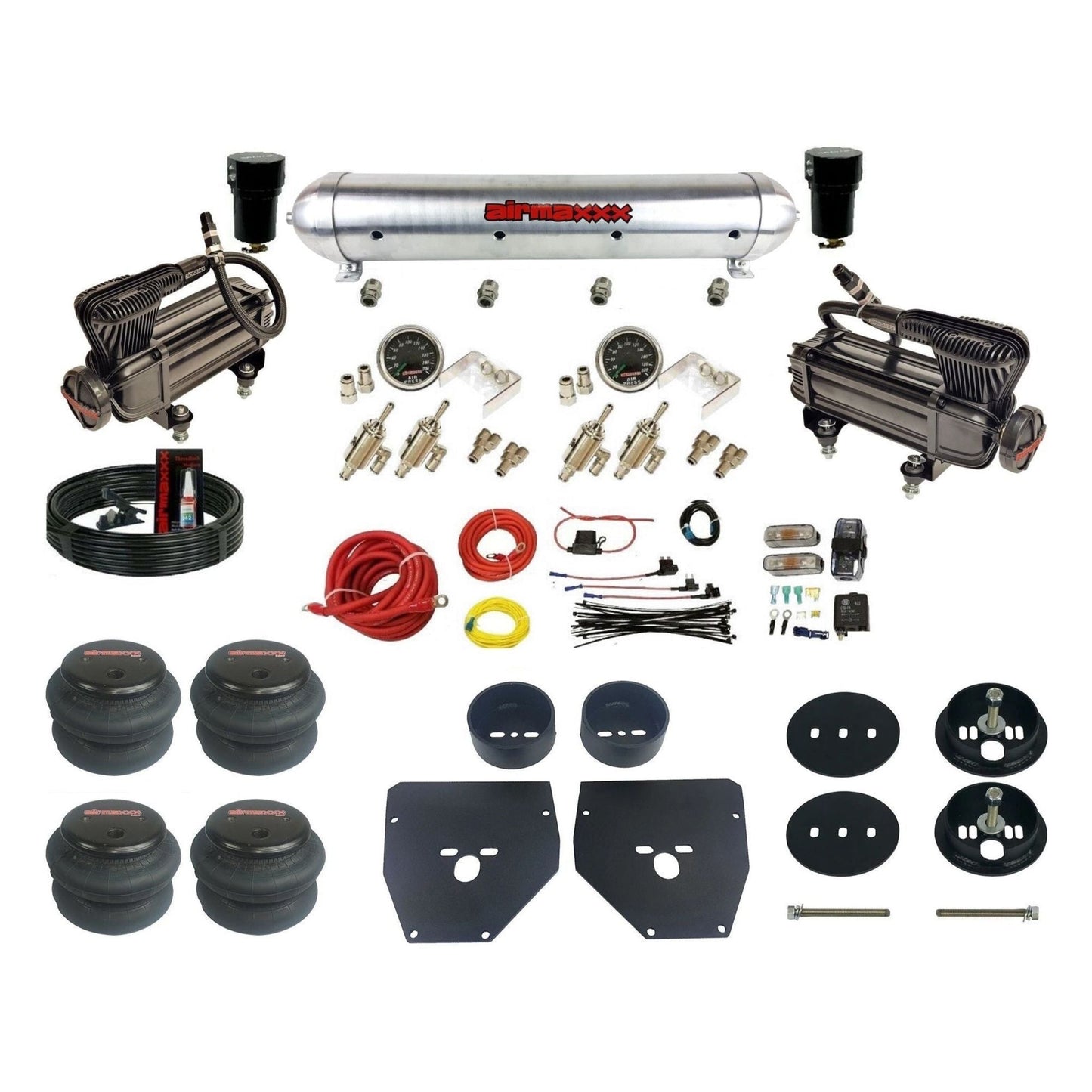 airmaxxx X-series Compressors Manual Air Suspension Kit 3/8 DLOE Valve raw aluminum air tank 2600 Bags & Brackets Fits 1963-72 KC1063-XB2-59ARW-4TOG2GA2B-WK-HF