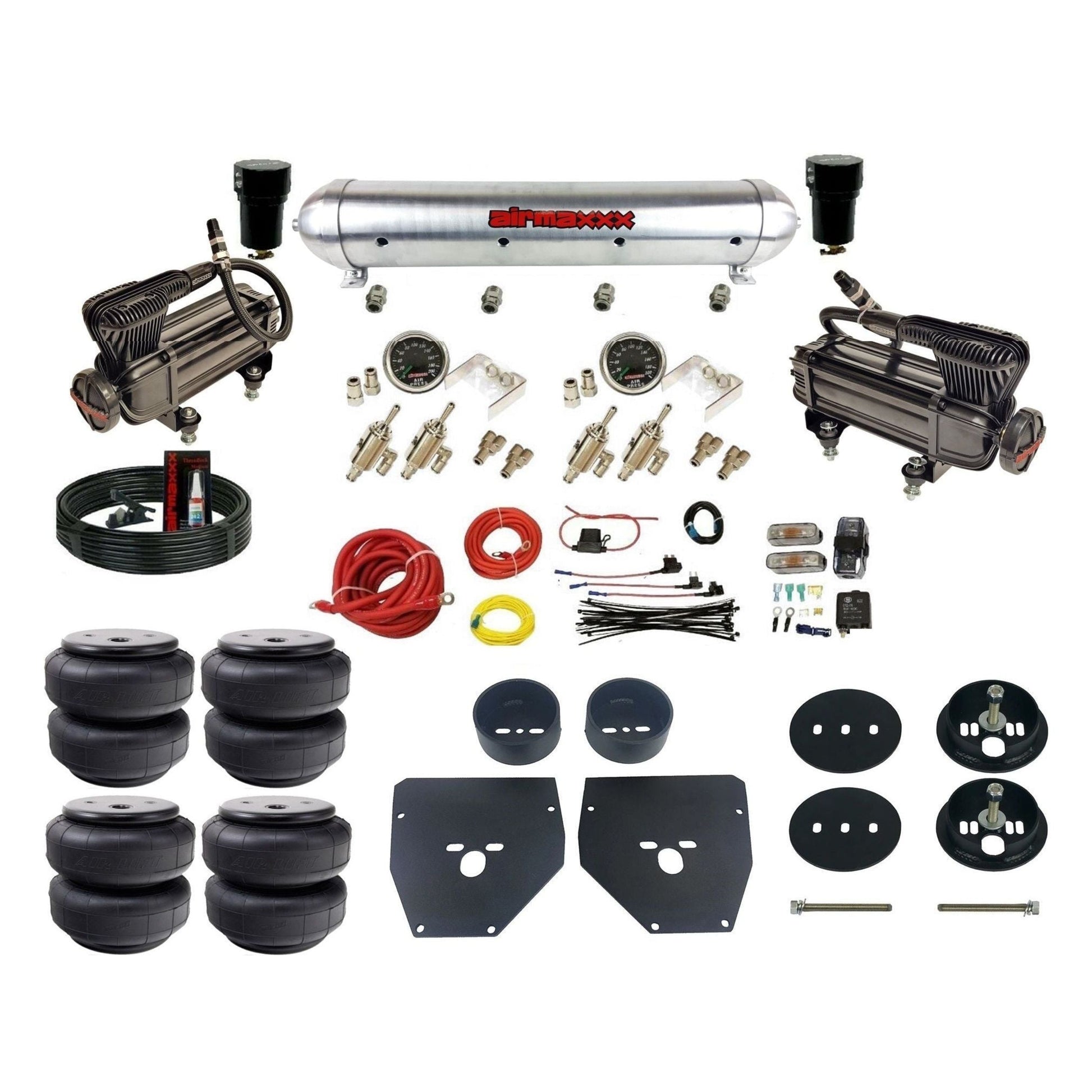 airmaxxx X-series Compressors Manual Air Suspension Kit 3/8 DLOE Valve raw aluminum air tank Air Lift Bags & Brackets Fits 1963-72 KC1063-XB2-59ARW-4TOG2GA2B-WK-HFD26