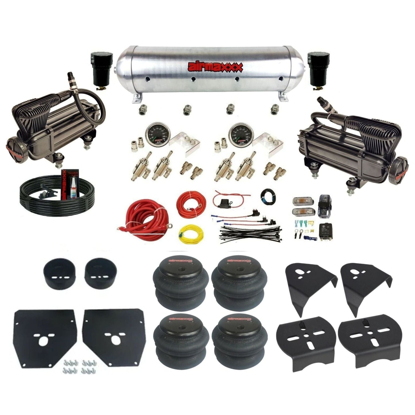 airmaxxx X-series air compressors 3/8 manual toggles 2600 bags raw aluminum air tank air suspension kit fits 1973 87 chevy c10 KC1073-XB2-59ARW-4TOG2GA2B-WK-HF