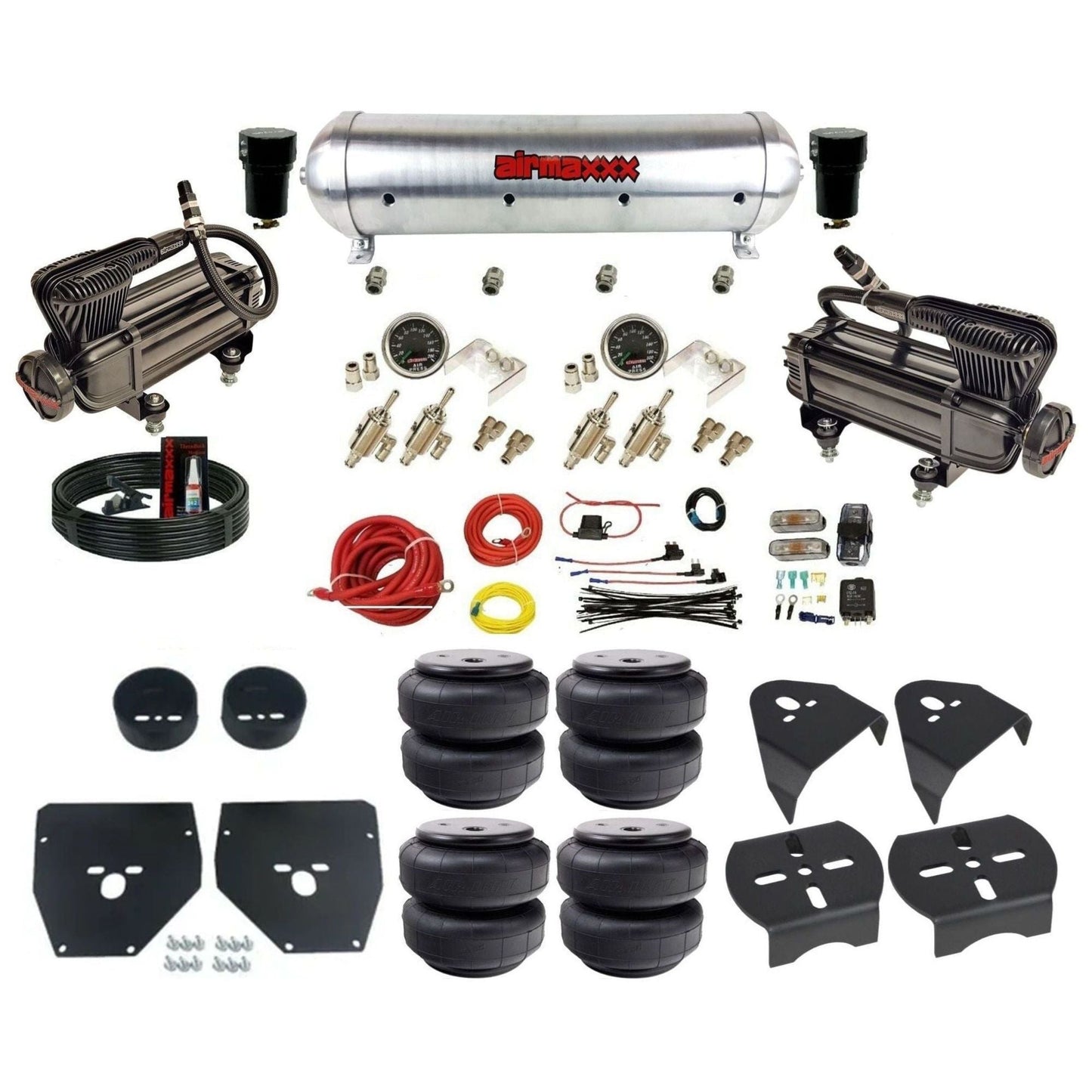 airmaxxx X-series air compressors 3/8 manual toggles Air Lift bags raw aluminum air tank air suspension kit fits 1973 87 chevy c10 KC1073-XB2-59ARW-4TOG2GA2B-WK-HFD26
