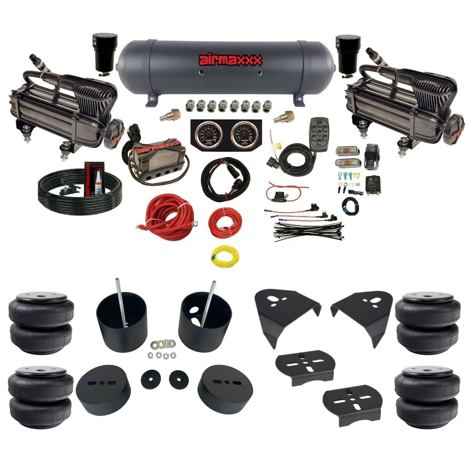 airmaxxx X-series air compressors X4 air manifold aluminum air tank Air Lift bags & brackets install kit fits 1999-06 Silverado 1500 KGM99-XB2-57ABK-X4X7-WK-HFD26