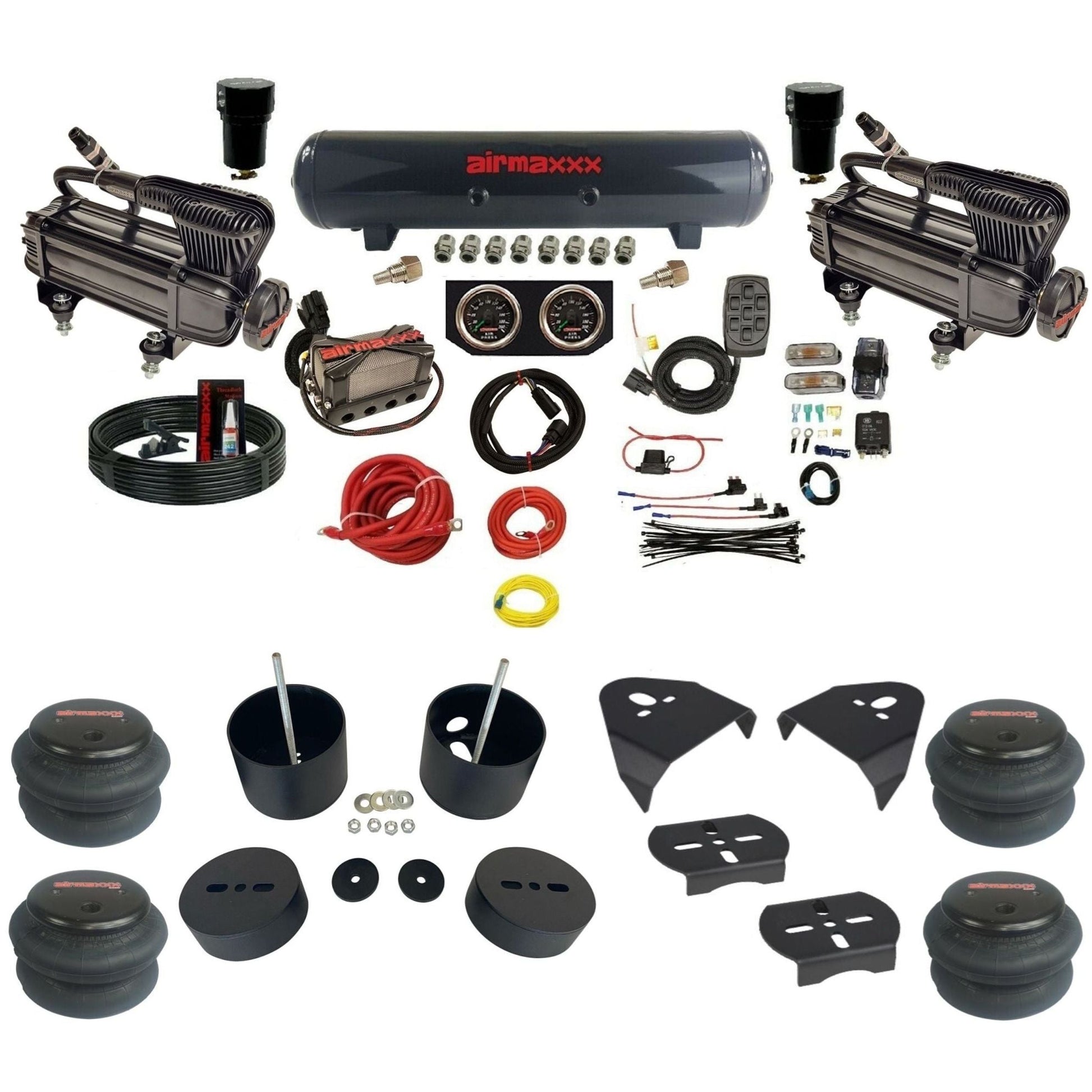 airmaxxx X-series air compressors X4 air manifold steel air tank 2600 bags & brackets install kit fits 1999-06 Silverado 1500 KGM99-XB2-57S-X4X7-WK-HF